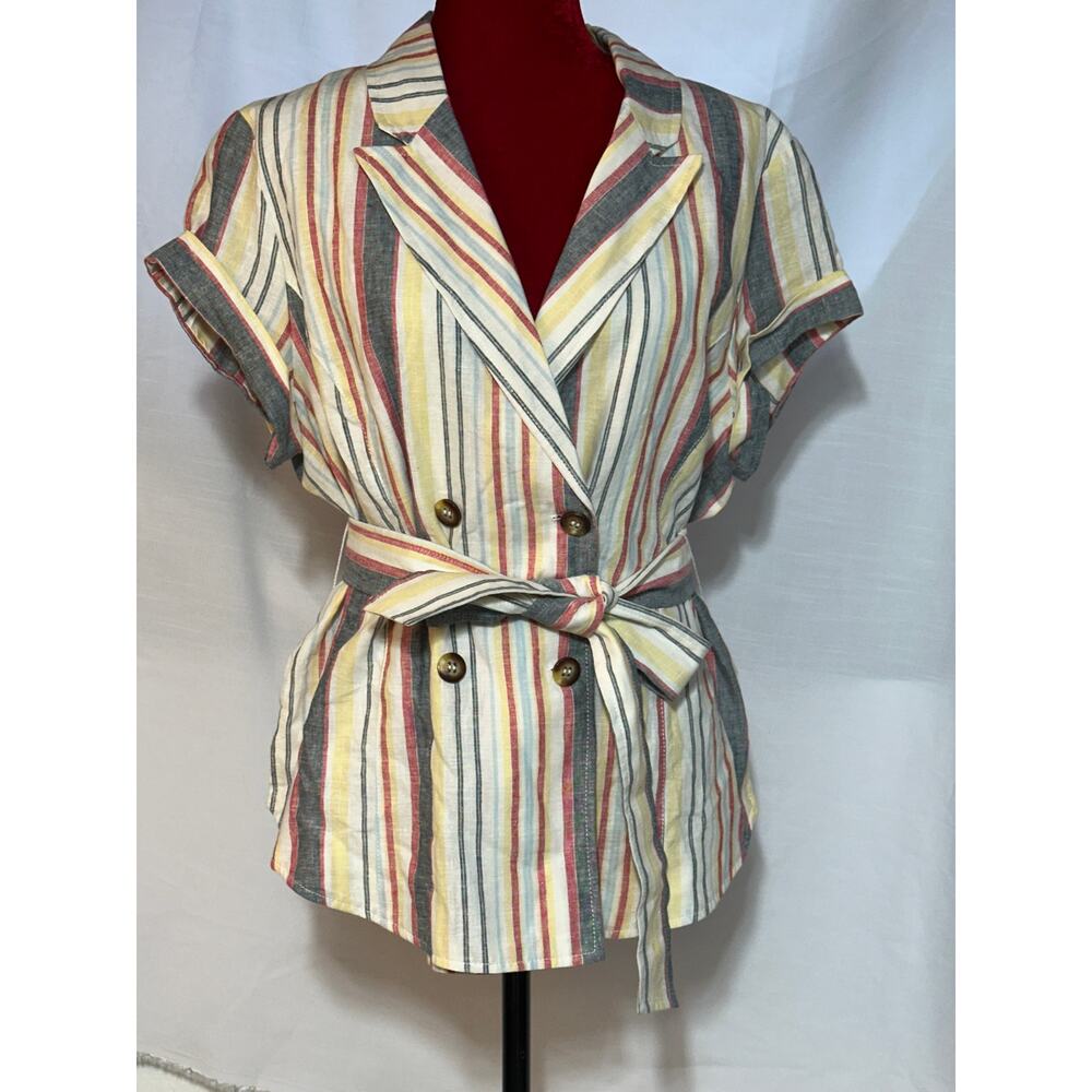 7th Avenue lined Women's XL Multi Striped Short Sleeve Belted Blazer New w tag